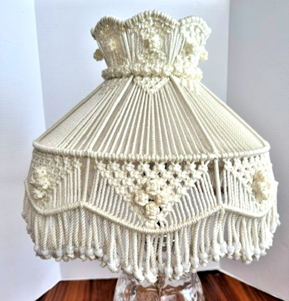 Vintage Macrame Lamp Shade Only Ivory Beaded 70s Boho Handmade Large 28.5" tall